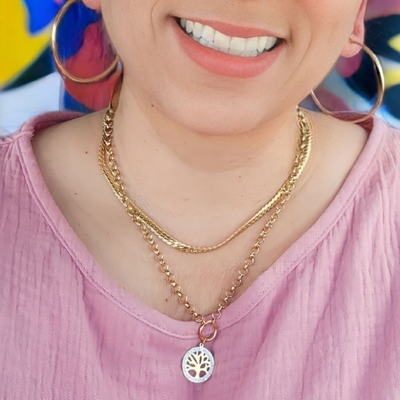 ποΈ18K Gold Plated Double Chain Necklace w/ Rhinestone Tree of Life Pendant π³ - Picture 3 of 7